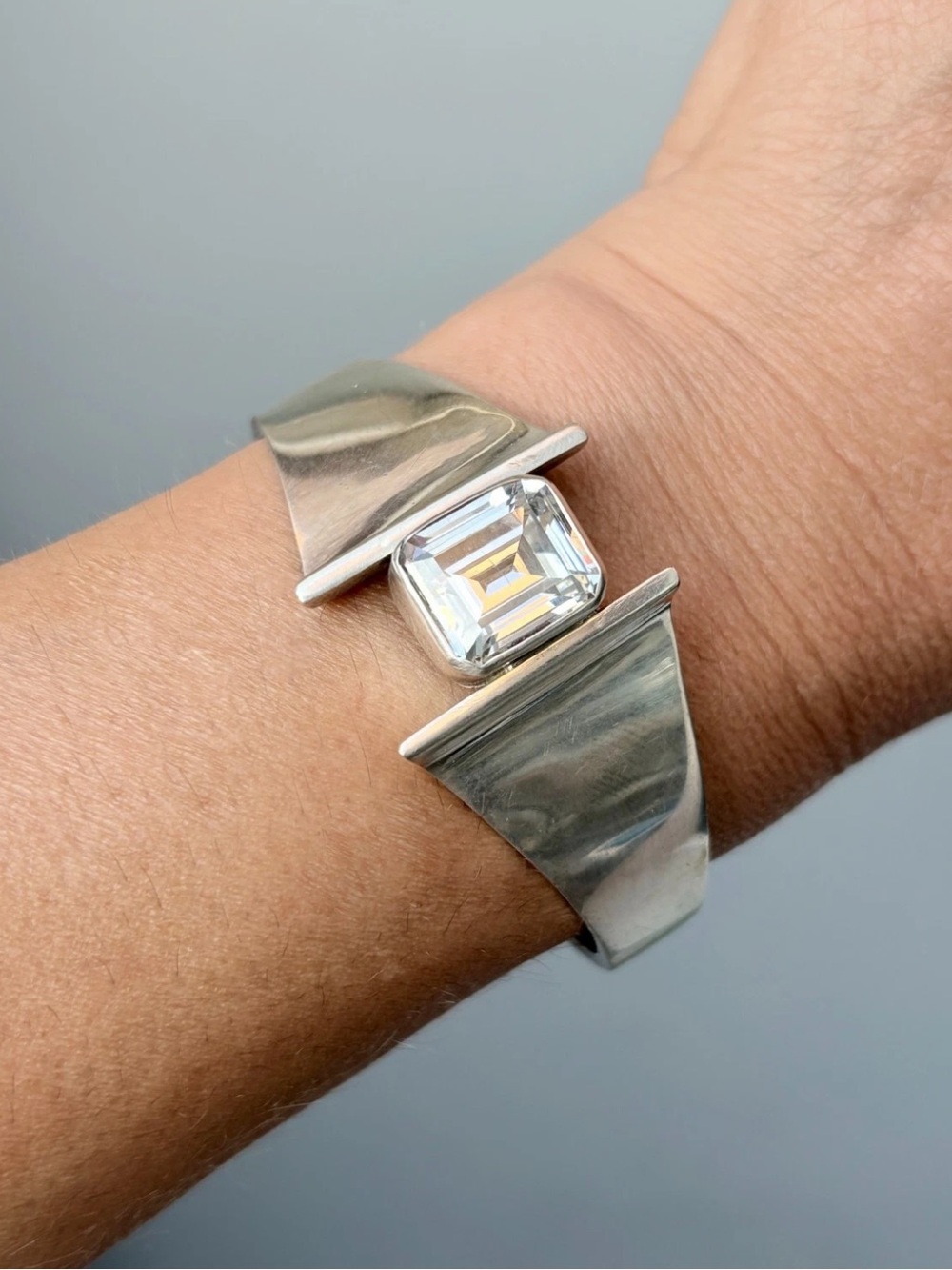 Vintage Ming's Mexican 925 Sterling Silver Clear Stone Statement Bangle Bracelet